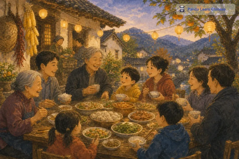 为了感谢邻居们的帮忙，小明家准备了一顿丰盛的晚餐。大家围坐在桌子旁，一边吃着饭，一边愉快地聊天。欢声笑语回荡在整个院子里，这种邻里之间守望相助的情谊也深深印在了小明的心里，他知道在这个村庄里，大家就像一家人一样，互相关爱，互相帮助。