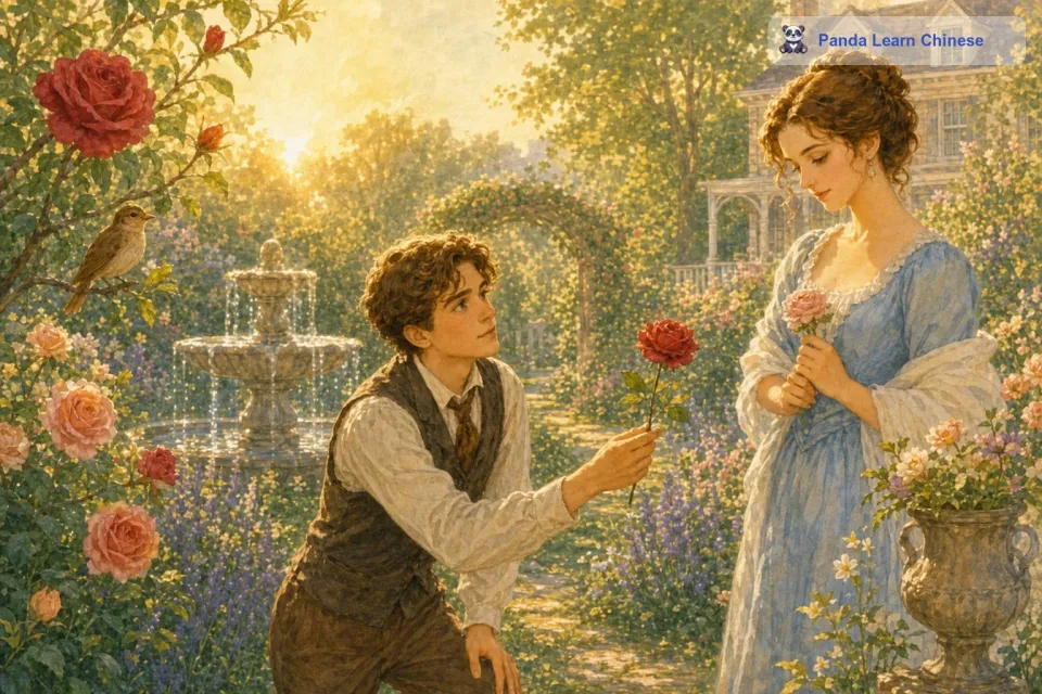 这时候，学生来到了花园。他一眼就看到了那朵红玫瑰，心中充满了喜悦。他小心翼翼地摘下红玫瑰，带着它去见教授的女儿。
