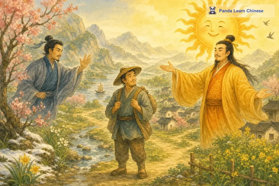 接着轮到太阳了。太阳露出了温和的笑容，他开始慢慢地散发出温暖而柔和的光芒。那光芒洒在大地上，驱走了寒冷，冰雪开始融化，花朵也渐渐绽放。