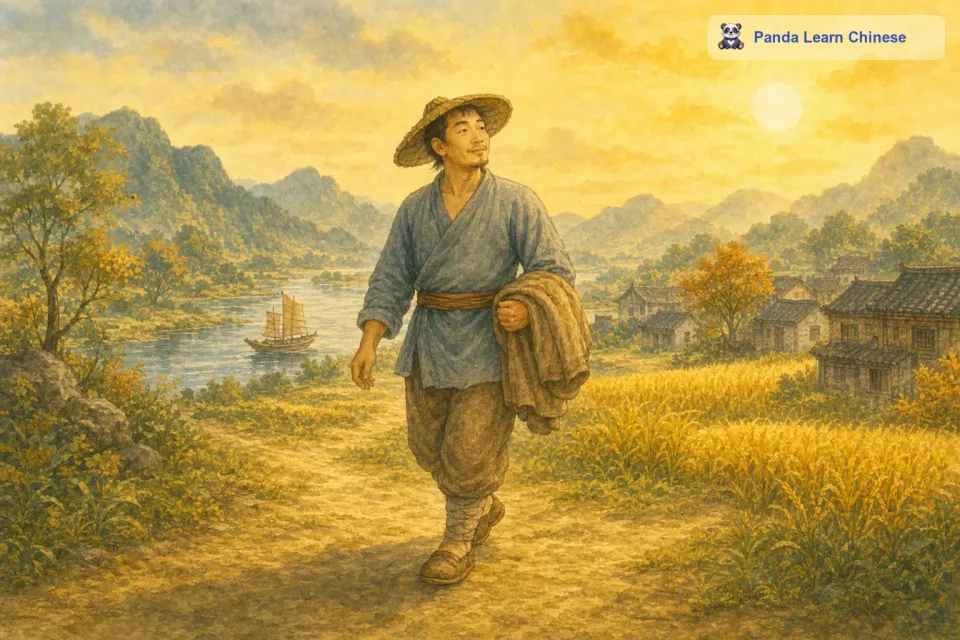 最后，行人彻底热得受不了了，他干脆把外套脱了下来，搭在手臂上，愉快地继续赶路。