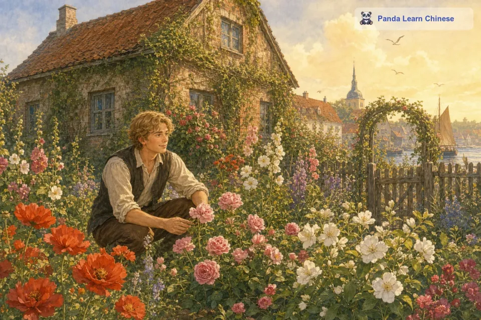 老房子还有一个美丽的花园。花园里种满了各种各样的花。春天的时候，花朵们竞相开放，红的像火，粉的像霞，白的像雪。