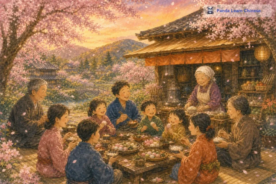 大家围坐在一起，一边欣赏着美丽的樱花，一边品尝着美味的食物。年糕婆婆看着大家吃得开心的样子，脸上洋溢着幸福的笑容。她知道，自己因为分享年糕，收获了珍贵的友情，现在她已经是村子里大家都喜爱的一员了。