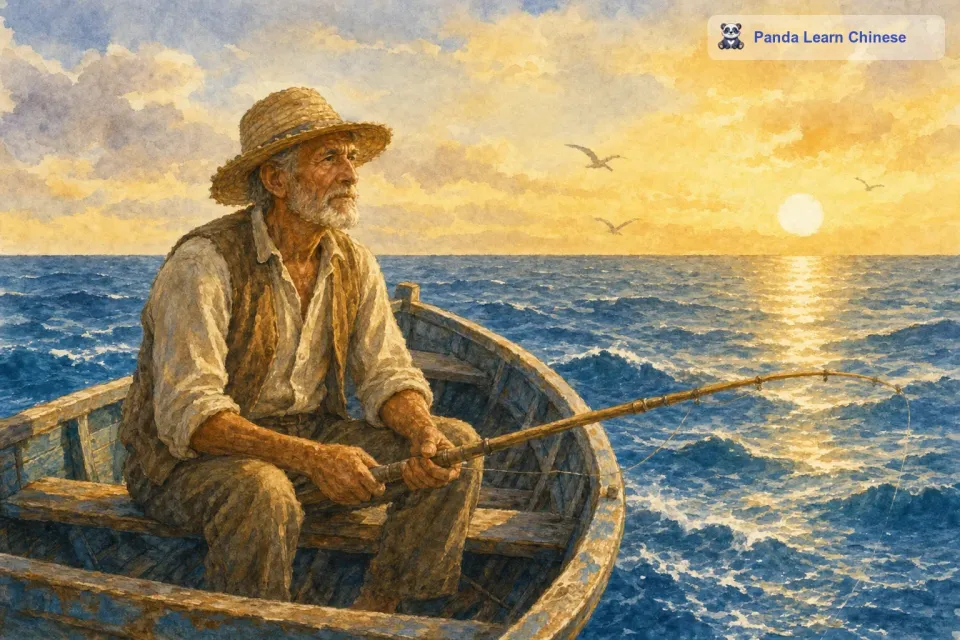 这一天，圣地亚哥又像往常一样早早地出海了。他划着他那破旧的小船，驶向了那片深蓝色的大海。大海广阔无垠，海浪轻轻拍打着小船。圣地亚哥坐在船上，手里紧紧握着他的鱼竿，眼神专注地盯着海面，仿佛在和大海对话，他在等待着鱼儿上钩。