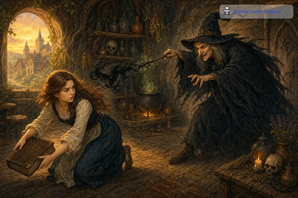 少女小心翼翼地走向那本魔法书。老巫婆看到少女的举动，想要阻止她。她挥动手中的魔杖，向少女射出一道黑色的魔法光线。少女敏捷地躲开了，然后迅速地拿起了魔法书。老巫婆非常生气，她冲向少女，想要夺回魔法书。
