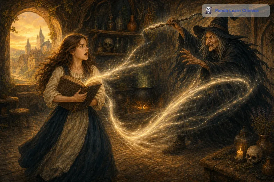 少女紧紧地抱着魔法书，开始快速地翻阅。她在魔法书里找到了一段关于解除变形魔法的咒语，但是她必须要在老巫婆再次发动攻击之前念出咒语。少女深吸一口气，然后大声地念出了咒语。随着咒语的声音在小屋里回荡，一道金色的光芒从少女的手中射出，直接冲向小鹿。小鹿被光芒笼罩，慢慢地变回了王子的模样。