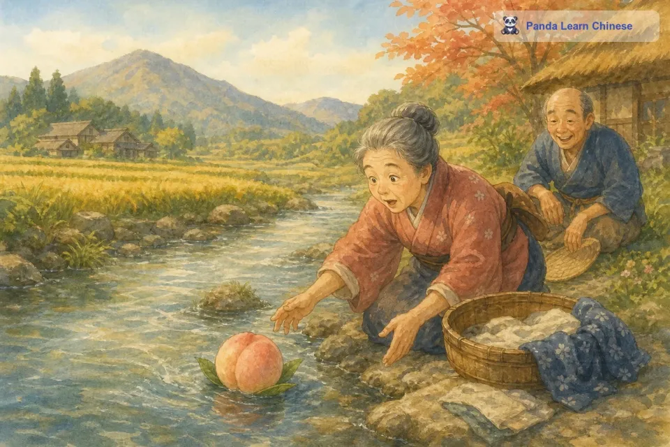 从前，有一对老夫妇，他们一直没有孩子，每天都向神明祈祷，希望能有个孩子。一天，老妇人在河边洗衣服的时候，看到一个很大的桃子顺着河流飘下来。她觉得很新奇，就把桃子捞了起来，带回了家。