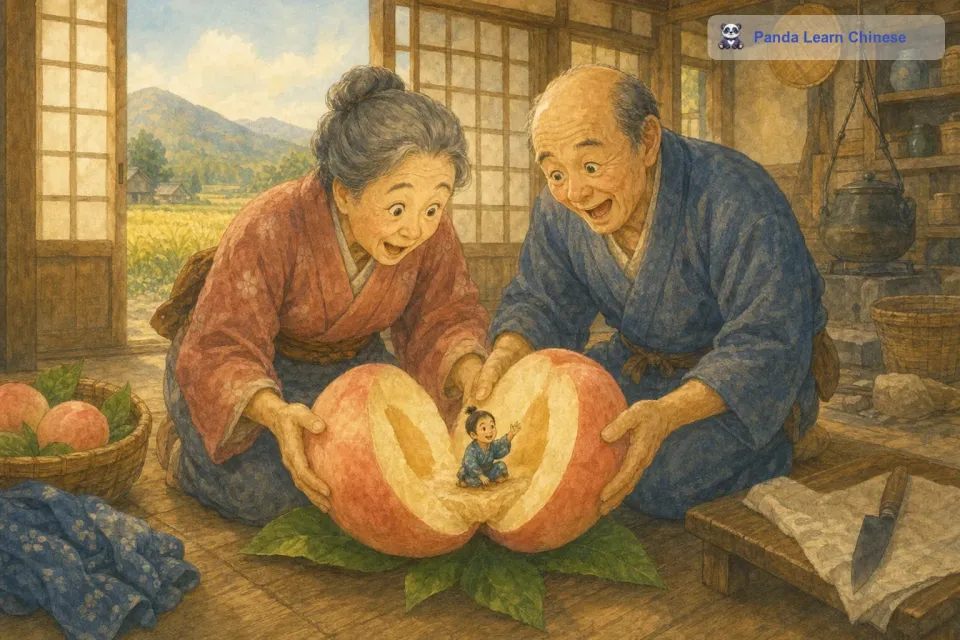 回到家后，老夫妇决定把桃子切开，看看里面是什么。当他们切开桃子时，发现里面有一个只有一寸大小的小男孩。老夫妇非常惊喜，就把这个小男孩当作自己的孩子抚养，还给他取名为一寸法师。