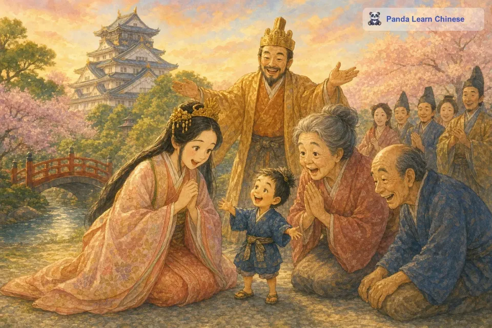 国王非常高兴，按照告示上说的，把公主嫁给了一寸法师。一寸法师又用魔法小锤子把自己变回了一寸大小，和公主过上了幸福的生活。他还把老夫妇接到了城堡里，一起共享荣华富贵。