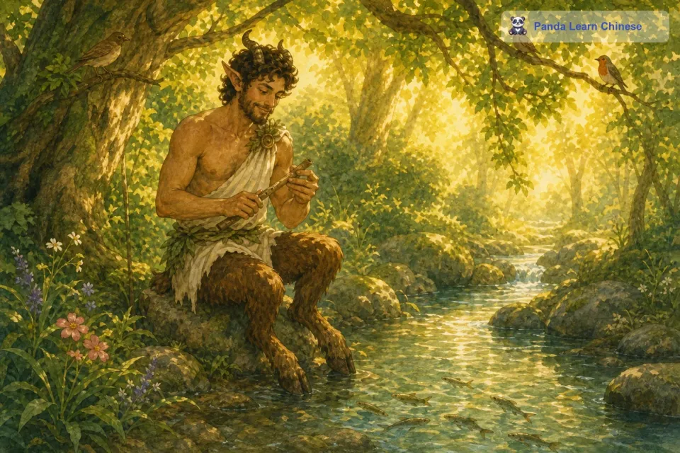 小鱼们也纷纷游到水面附近，好奇地张望着潘神的举动。鸟儿们停止了歌唱，静静地站在枝头，仿佛在期待着潘神创造出神奇的乐器。