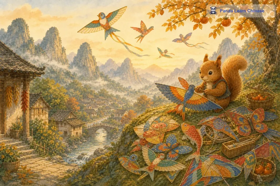 松鼠呢，是个心灵手巧的小家伙，她最擅长做的就是做风筝。她做的风筝各式各样，在空中飞舞的时候就像一只只彩色的小鸟。