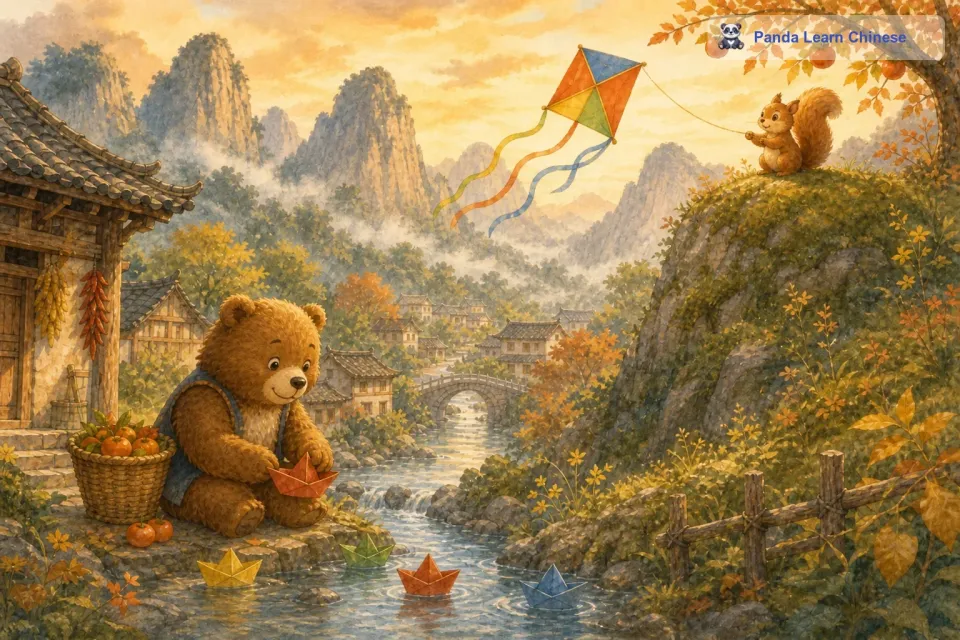 从那以后，小熊和松鼠就成了好朋友。小熊经常折纸船，把自己的想法和祝福写在上面，然后放进小溪里。松鼠总是放风筝，把自己的快乐和问候写在风筝上，让风筝飞到小熊那里。他们的友谊就像纸船和风筝一样，在山川之间传递着温暖。