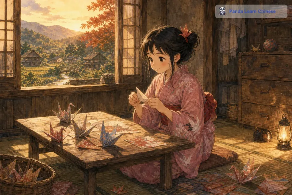 小和的房间很简陋，只有一张小小的桌子和破旧的榻榻米，但她毫不在意。她坐在桌子前，将纸张对折、翻折，纤细的手指灵巧地舞动着。