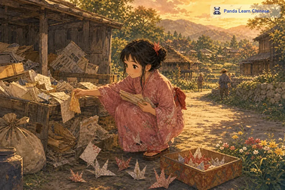 每折好一只纸鹤，她就会轻轻地把它放在旁边的盒子里。有时候纸张不够了，她就会跑到村子里的垃圾站，在废旧的纸张堆里仔细翻找可以用的纸张。