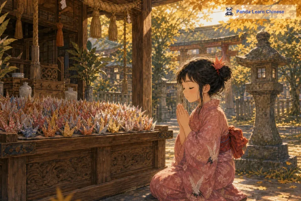 到了神社，小和庄重地把九百九十九只纸鹤放在神案前，然后闭上眼睛，双手合十，虔诚地许下了让家人过上幸福生活的愿望。