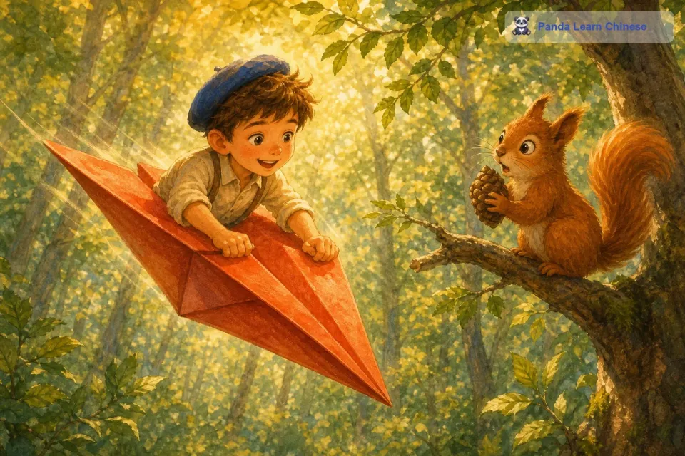 纸飞机一头扎进了森林里。森林里的小动物们都被这个突然闯入的家伙吓了一跳。一只小松鼠正抱着松果在树枝上发呆，看到纸飞机后，好奇地跟着它跑。