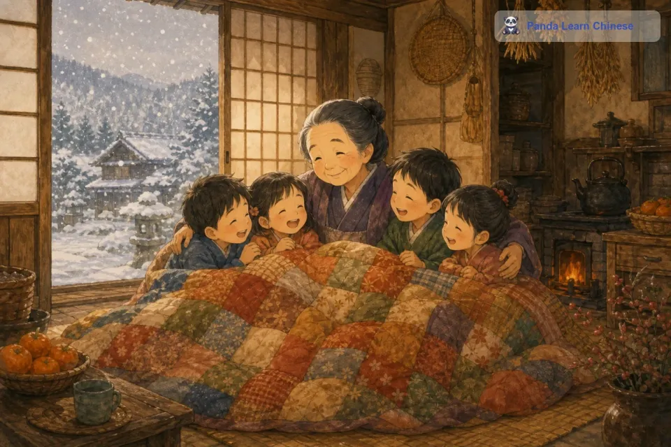 当冬天的第一场雪飘落的时候，孩子们围坐在奶奶身边，奶奶拿出了拼布毯子盖在大家的身上。毯子非常的暖和，就像奶奶的爱一样，紧紧地包围着孩子们。孩子们开心地笑着，对奶奶说：“奶奶，这个毯子好温暖呀，我们好喜欢。