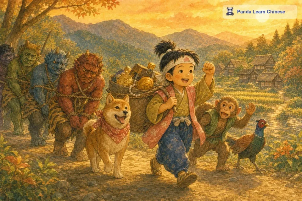 经过一场激烈的战斗，桃太郎和他的小伙伴们终于成功地降服了鬼怪。鬼怪们被打得落花流水，纷纷求饶。桃太郎告诉它们，以后不许再到村子里捣乱，要做善良的生灵。鬼怪们答应了桃太郎的要求，桃太郎和他的小伙伴们带着从鬼怪那里夺回的财物，高高兴兴地回到了村子。