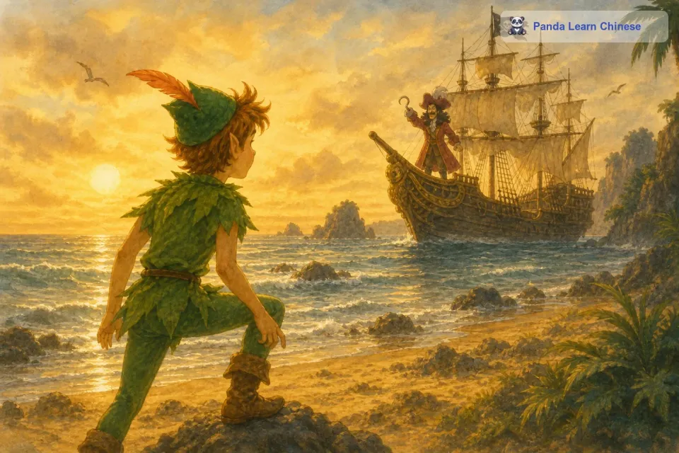 然而，梦幻岛也并非完全安全。就在孩子们在海滩上玩耍的时候，突然一艘巨大的海盗船出现在海面上。船头上站着的是邪恶的虎克船长，他一只手是铁钩，脸上带着狰狞的表情。