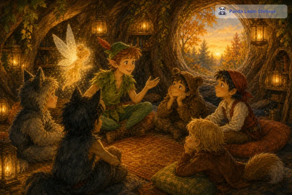 仙尘落在孩子们身上，让他们感觉充满了力量。彼得·潘和叮当一起，带着孩子们找到了一个隐藏在树洞中的安全住所。他们在住所里分享着在梦幻岛的奇遇，孩子们都觉得这是一场最棒的冒险。