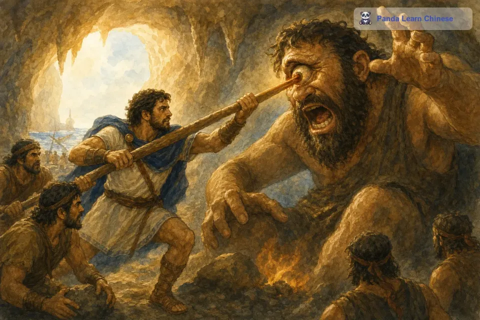 然后，奥德修斯和他的船员们高高地举起了那根尖尖的木棍，用尽全身的力气，朝着波吕斐墨斯那只巨大的眼睛刺了下去。波吕斐墨斯被剧痛惊醒，他大声地吼叫起来，那声音就像打雷一样，整个山洞都在震动。但是他的眼睛已经被刺瞎了，他什么也看不见了。
