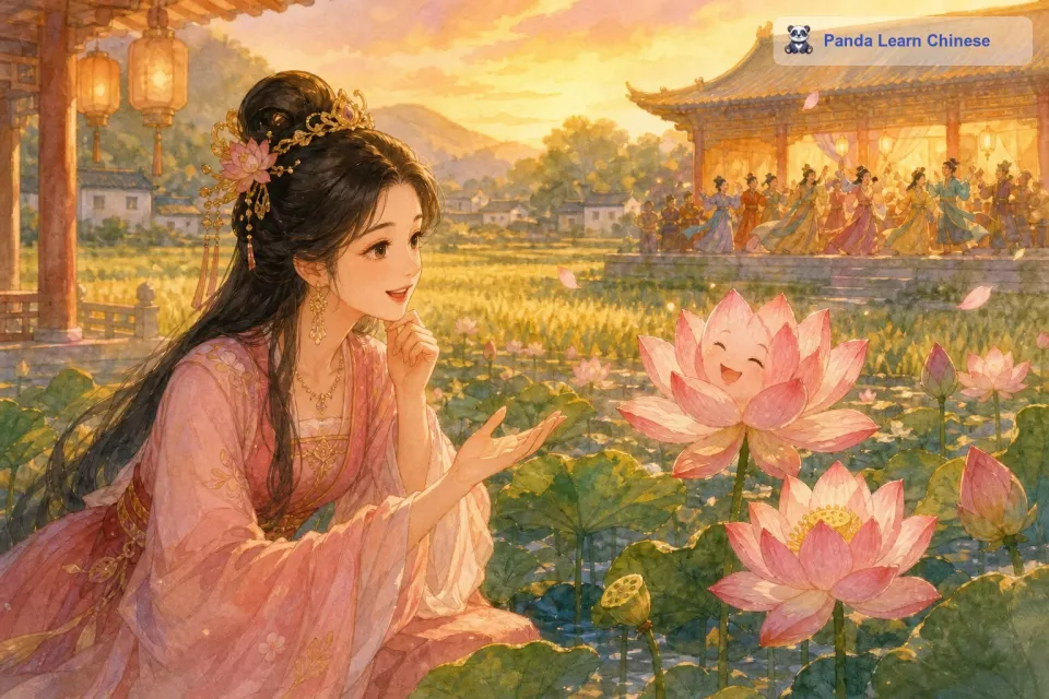 从那以后，公主每天都会来和这朵莲花聊天。她跟莲花分享自己在宫殿里的生活，有一次她告诉莲花，宫殿里举办了一场盛大的宴会，有很多来自远方的客人，他们穿着漂亮的衣服，跳着欢快的舞蹈。莲花似乎也在认真地听着公主的话，它的花瓣在风中微微摆动，就好像是在表达自己的喜悦。