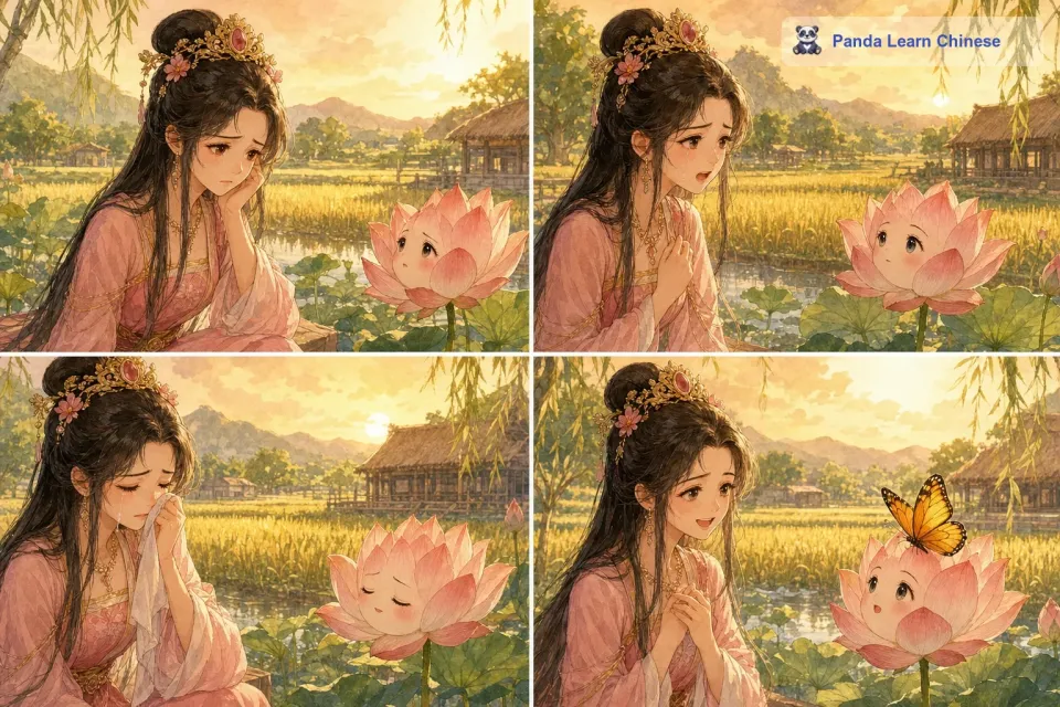 公主还会跟莲花诉说自己的烦恼。有一回，她和邻国的王子发生了一点小争执，她觉得很委屈。莲花静静地听着公主的哭诉，当公主说完后，一只小蝴蝶落在了莲花上，仿佛是莲花派来安慰公主的使者。公主看到蝴蝶后，破涕为笑了。