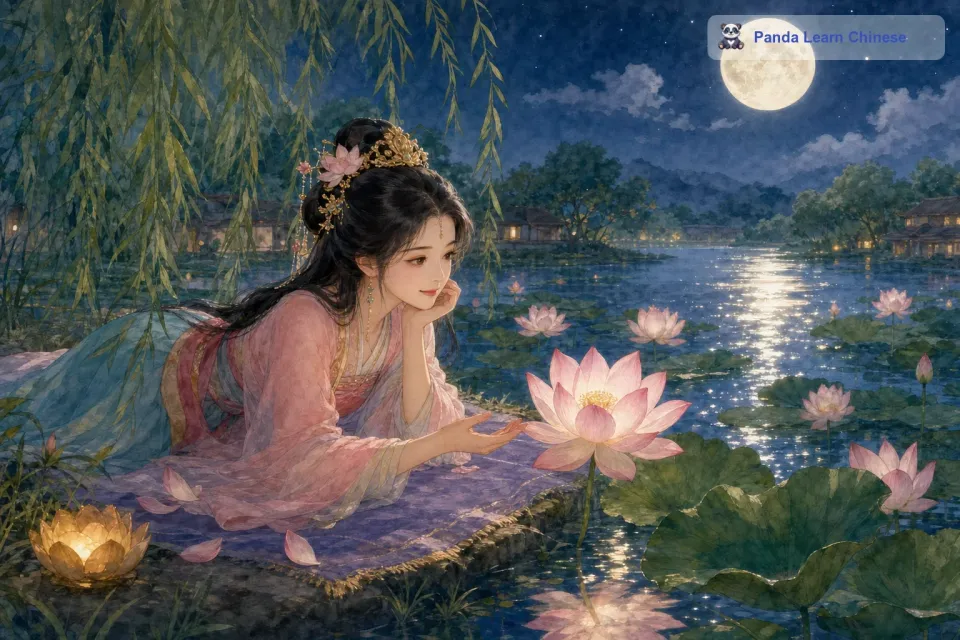 随着时间的推移，公主和莲花的感情越来越深厚。到了夜晚，公主会带着自己的小毯子来到莲池边，和莲花一起欣赏天上的月亮。月光洒在莲池上，就像给整个莲池披上了一层银色的纱衣。公主靠在莲池边，轻声地对莲花说：“你是我最好的朋友，不管发生什么事，我都会一直陪着你。莲花也在月色下轻轻摇曳，像是在对公主许下同样的承诺。