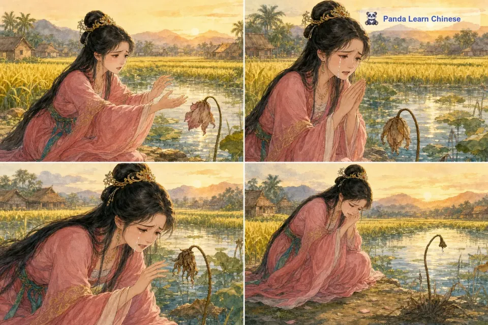 公主伤心极了，她守在莲花旁边，不停地哭泣。她对莲花说：“你一定要坚持住啊，我不能失去你。尽管公主已经尽了最大的努力，可是莲花还是渐渐枯萎了。最后，只剩下了干枯的枝干。