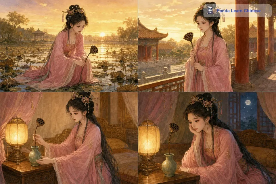 公主非常难过，她把莲花的枝干小心地收集起来，带回了宫殿。她把枝干放在自己的床头，每天看着它，回忆着和莲花在一起的美好时光。