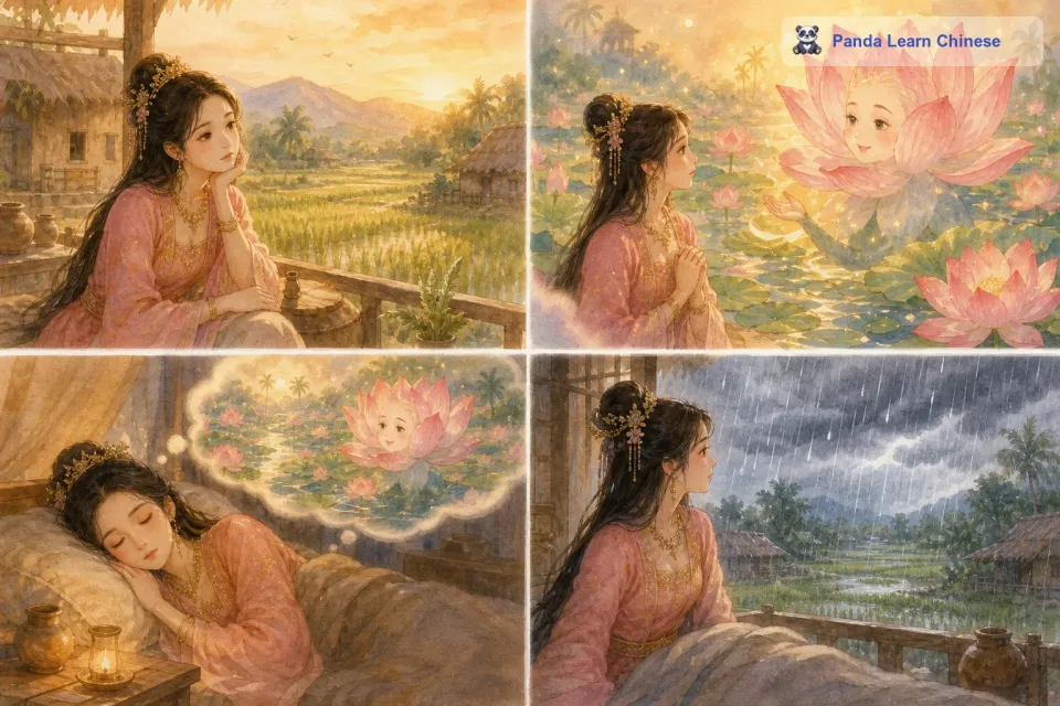 有一天，公主做了一个梦。她梦到自己又来到了莲池边，莲池里重新注满了水，那朵莲花又盛开了，比以前更加美丽。莲花对公主说：“谢谢你，我的朋友。你的爱和关心让我重新获得了生机。公主从梦中醒来后，发现窗外下了一场大雨，干旱结束了。