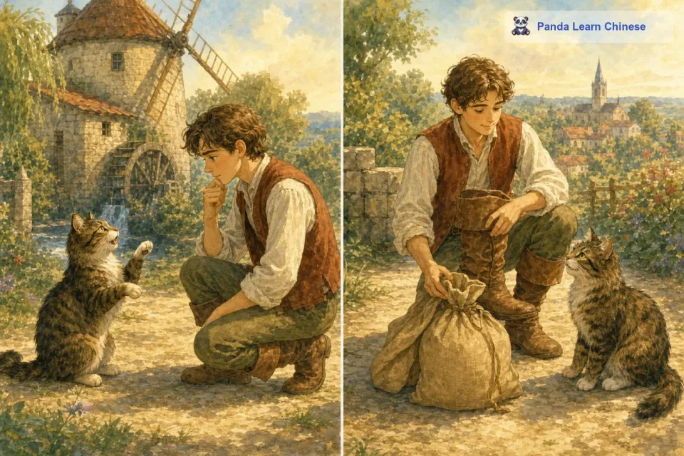 但是这只猫却很聪明，它对主人说：“主人，你只要给我一个袋子和一双 靴子，你就会发现我是非常有用的。小儿子虽然不太相信，但还是按照猫说的做了。