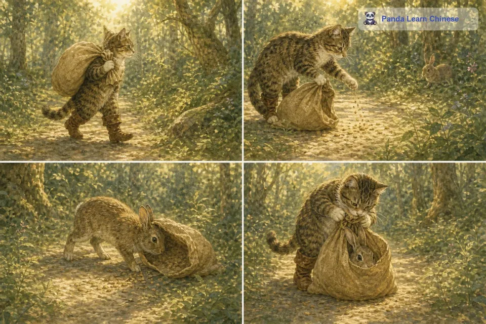 猫穿上靴子，带着袋子走进了森林。它知道森林里有很多兔子，于是它在兔子经常出没的地方撒了些麦粒，然后躲在一旁等待。不一会儿，一只小兔子就钻进了袋子里，猫立刻收紧袋口，把小兔子抓住了。