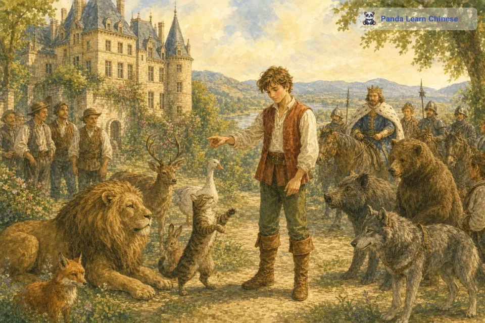 就这样，猫一次又一次地用自己的智慧，让国王对所谓的卡拉巴斯侯爵越来越敬重。猫还设法让自己的主人得到了一座漂亮的城堡。最后，猫得知国王要去城堡附近游玩，就告诉城堡里的所有妖怪都变成各种动物的样子，当国王到来的时候，猫说这些动物都是卡拉巴斯侯爵的财产。