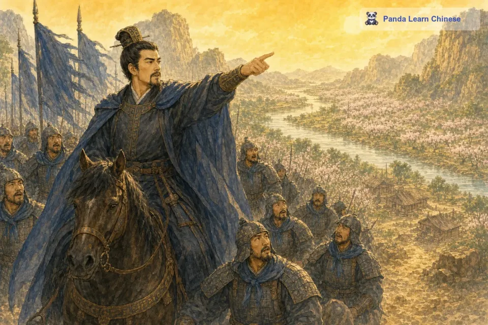 曹操突然灵机一动，他骑在马背上，用手指着前方大声喊道：“将士们，看啊！前面有一大片梅林，那梅林里的梅子又大又酸，只要我们走到那里，就可以吃到梅子解渴了。士兵们听到曹操的话，脑海里仿佛出现了酸酸的梅子，口中不自觉地分泌出了唾液，感觉没有那么渴了。