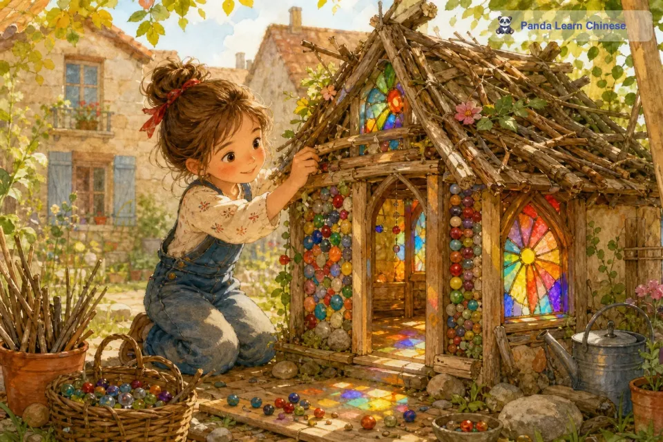 露西先从建造房子开始。她用木板搭起房子的框架，然后把彩色的玻璃片镶嵌在窗户的位置，阳光透过玻璃片，洒下五颜六色的光。她把小珠子粘在房子的墙上，让房子看起来更加闪亮。那些从树林里捡来的树枝，被她用来做房子的装饰，就像房子的小翅膀一样。