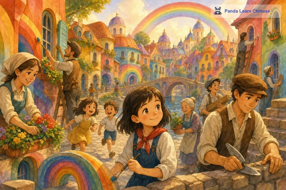 露西的彩虹城市吸引了小镇上的人们。大家都纷纷来到这个充满奇幻色彩的城市，想要在这里生活。孩子们在彩色的房子间跑来跑去，笑声回荡在整个城市。大人们也对露西的创造力赞不绝口，他们帮助露西继续完善这个城市，种上更多的花草树木。