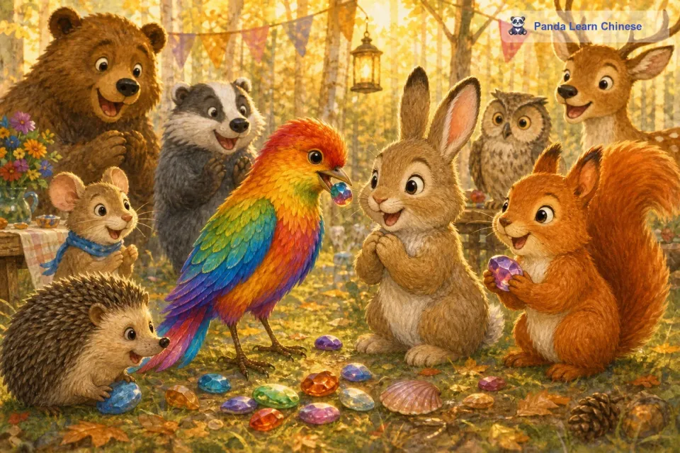 于是，彩虹鸟飞快地回到自己的小窝，叼起一些彩色的小石子和贝壳，又匆匆地飞回聚会现场。它有些害羞地走到小动物们中间，把自己的宝贝分给大家。小动物们看到彩虹鸟的宝贝，都发出惊叹声，纷纷感谢彩虹鸟。