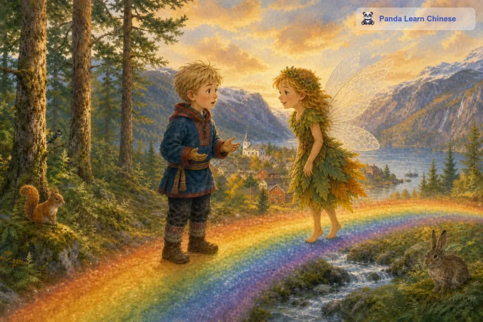 你为什么来到彩虹桥呢？小明把自己迷路的事情告诉了精灵。精灵微笑着说：“彩虹桥不是随便能来的地方，但是你是一个热爱自然的孩子，所以彩虹桥才会出现在你面前。