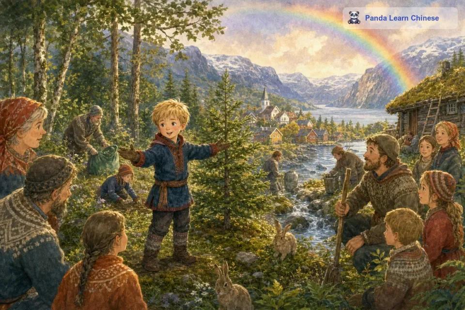 他告诉村里的每一个人，要爱护树木，不要乱扔垃圾，要珍惜水源。在小明的努力下，村里的森林变得更加美丽了。而每当天空中出现彩虹的时候，小明就会想起彩虹桥和精灵的话，更加坚定地守护着自然。
