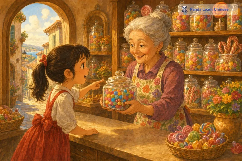 莉莉指着那盒糖果对老奶奶说：“奶奶，我想要那盒七彩的糖果。老奶奶笑着点了点头，她从架子上取下那盒糖果，递给了莉莉。