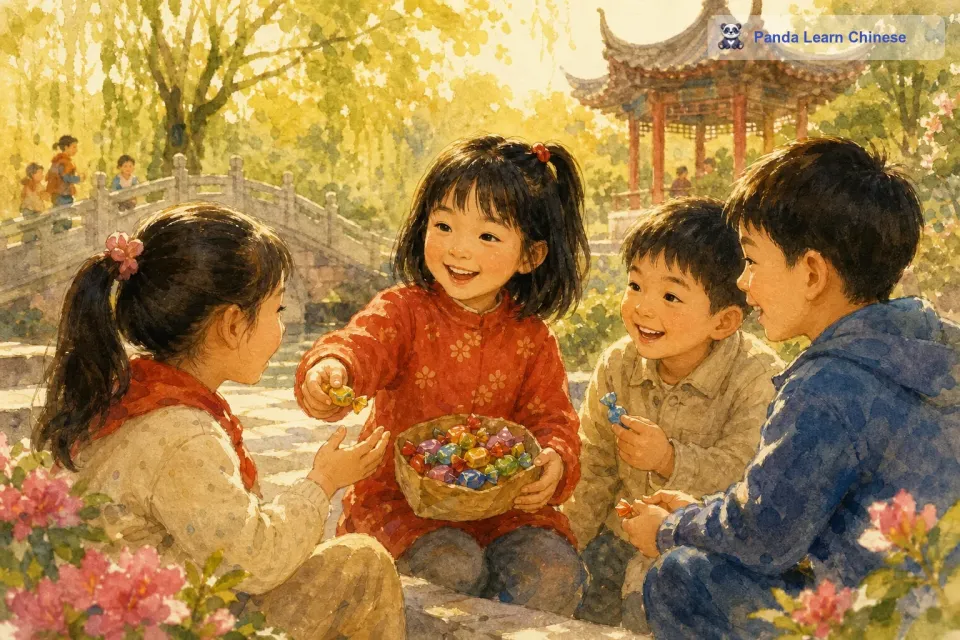 小梦在彩虹糖世界里度过了非常快乐的时光，她和彩虹糖精灵一起帮助小糖果人们制作彩虹糖，还一起在棉花糖天空下做游戏。可是，随着时间的推移，小梦开始想念自己的家了。彩虹糖精灵看出了小梦的心思，她挥动翅膀，带着小梦来到了一道闪着光芒的大门前。