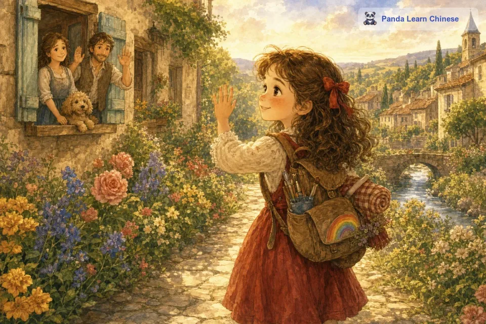 露西背着她小小的行囊，里面装着画具、一本记录彩虹的本子和一些干粮。她告别了家人，踏上了充满未知的旅程。她沿着小镇的小路一直走，路边的花朵似乎都在为她送行，微风轻轻拂过她的脸颊，就像妈妈温柔的手。