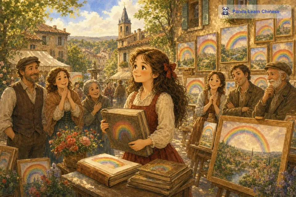 多年以后，露西回到了自己的小镇。她把自己收集的彩虹画整理成了一本画册，并且在小镇上举办了一个展览。小镇上的人们都被她的坚持和那些美丽的彩虹画所打动。露西用自己的行动证明了，只要有追求美的决心，就能把世界上最美好的东西收集起来。
