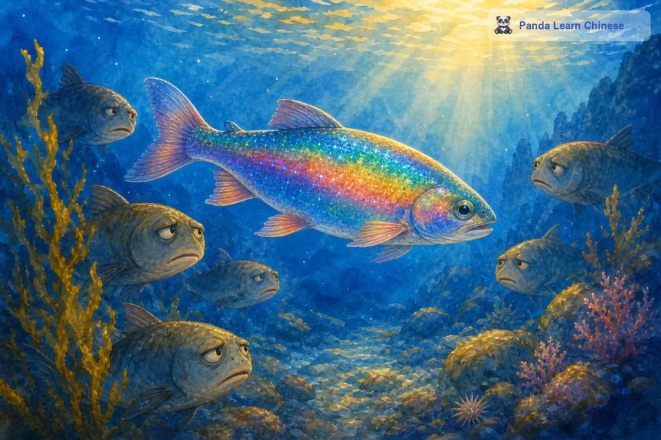 彩虹鱼常常在其他鱼儿面前游来游去，展示自己那独一无二的美丽鳞片，其他鱼儿们都羡慕极了，纷纷围过来想要靠近它。可是，彩虹鱼却很骄傲，它不愿意和别的鱼儿一起玩耍，总是独自游开。