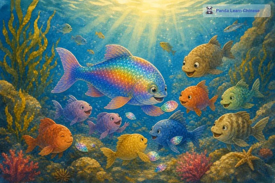 当它把鳞片送给其他鱼儿的时候，其他鱼儿们都很惊喜。它们感受到了彩虹鱼的善意，纷纷围过来和彩虹鱼一起玩耍。彩虹鱼发现，和朋友们在一起的感觉是那么的美好，它不再感到孤单了。