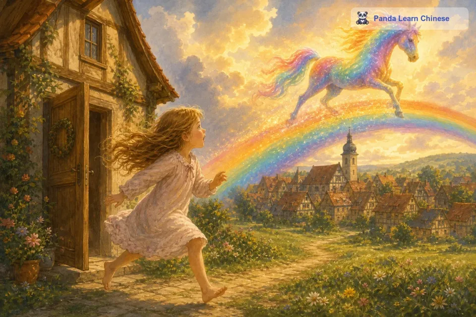而彩虹上，竟然有一匹浑身散发着奇异光芒的马在奔跑。这匹马的身体像是由彩虹的颜色编织而成，每一根毛发都闪烁着不同的色彩，那就是彩虹马。莉莉惊讶地张大了嘴巴，她顾不上穿上鞋子就跑出了家门。