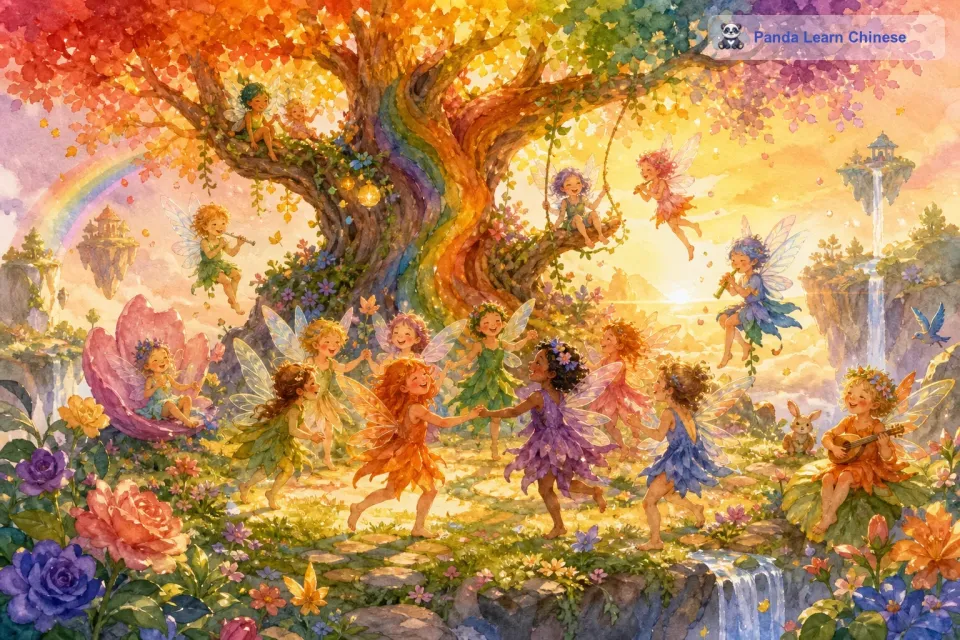 每当夜晚来临，彩虹岛就会变得更加美丽。天空中繁星点点，月亮洒下银色的光辉。精灵们会聚集在一块开阔的草地上，他们点燃温暖的篝火，围坐在一起。