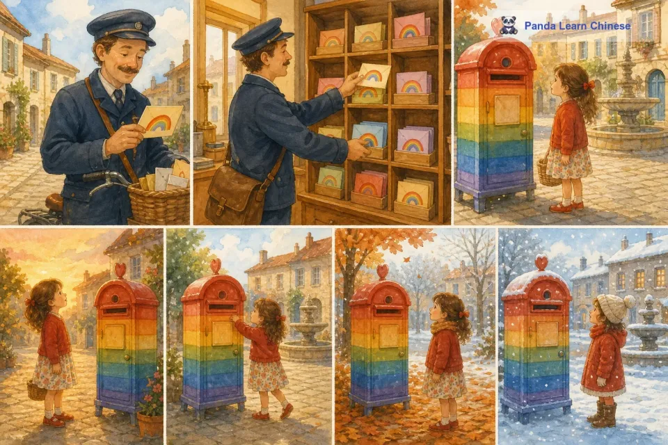邮差叔叔把露西的纸条带到了邮局，他把这张纸条放在了一个特别的地方，那里存放着所有从彩虹邮筒里收到的心愿纸条。日子一天天过去，露西每天都会来到彩虹邮筒前，看看有没有什么变化。她知道，也许自己的心愿不会马上实现，但她愿意相信这个充满希望的邮筒。