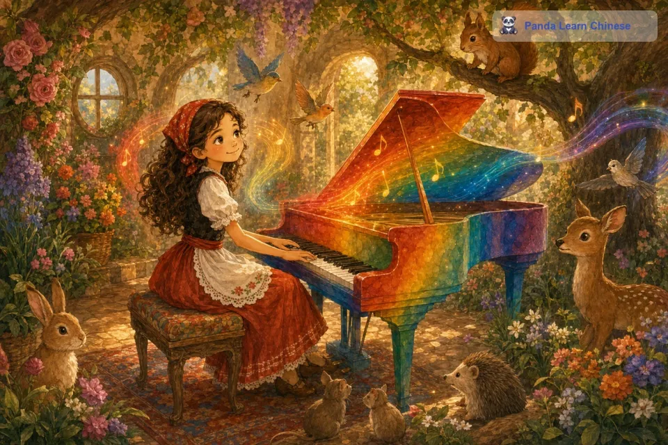 她弹奏的音乐吸引了森林里的小动物们。小松鼠顺着树干跑了过来，小兔子从草丛里跳了出来，小鸟也飞进了房子里，它们围在莉莉的身边，静静地听着这彩虹音乐。