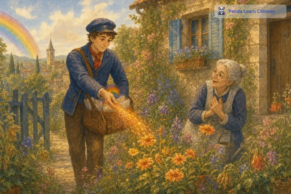 彩虹邮差从他的邮包里拿出了一抹明亮的橙色，轻轻地洒在花朵上，花朵们瞬间就像被注入了活力，重新抬起了头，颜色也变得更加鲜艳了。老奶奶看到后，脸上露出了开心的笑容，她对彩虹邮差说：“你真是给我们带来希望和美好的邮差呀。